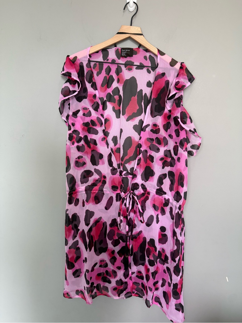 Free Press Pink Leopard‎ Print Sheer Swim Cover Up One Size Tassel Tie